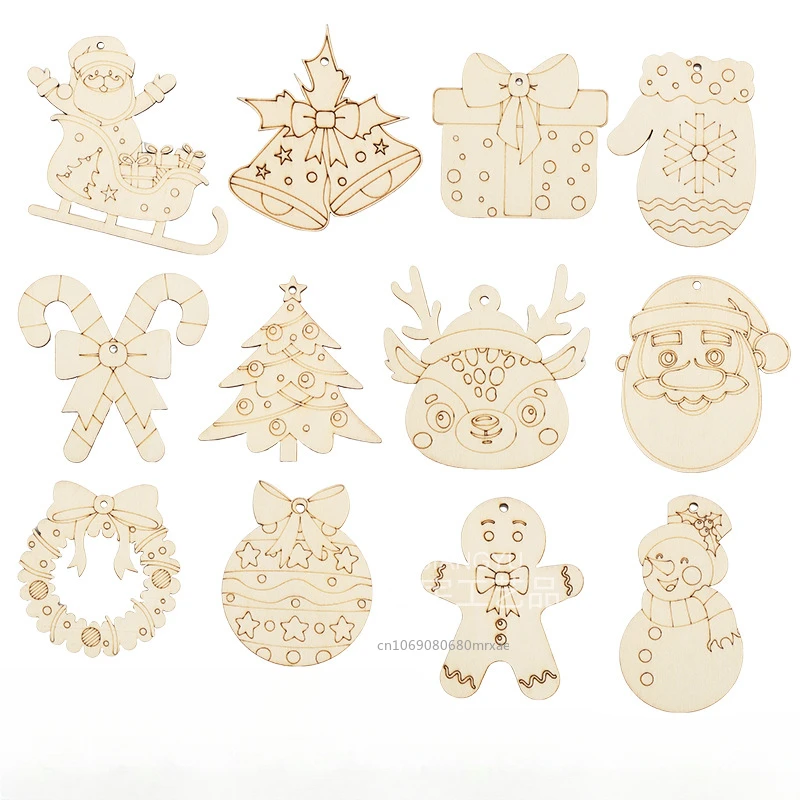 10PCS DIY Wood Christmas Ornament Unfinsihed Wooden Christmas Tree Hanging Decorations for DIY Craft Xms Home Party Decor