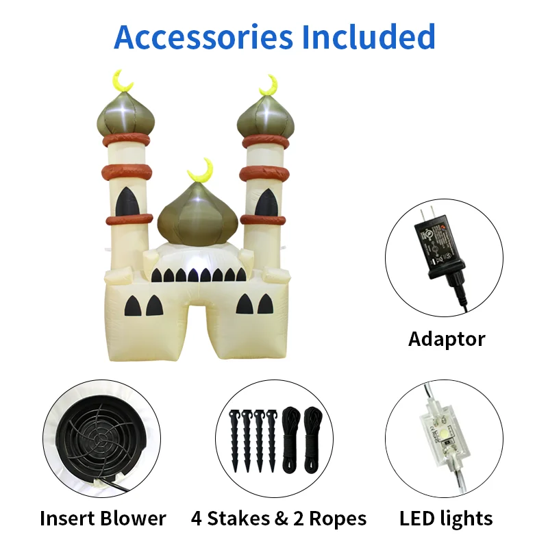 6FT Muslim Holiday Inflatables Outdoor Decorations LED Islamic Moon Wishing Kareem Inflatable Ramadan Eid Mubarak Mosque Decor
