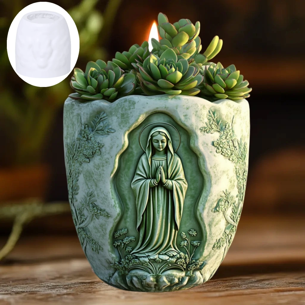 Prayer Virgin Mary Relief Succulent Plant Flower Pot Resin Silicone Mold Goddess Relief Concrete Mould Storage Box Gypsum Molds silicone mold