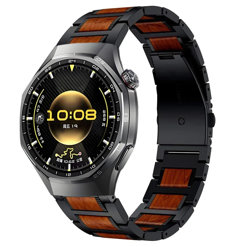 Elegant 22mm Metal and Rosewood Stainless Steel Watch Bracelet Strap