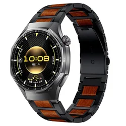 Elegant 22mm Metal and Rosewood Stainless Steel Watch Bracelet Strap - Huawei GT5 46mm (Black)