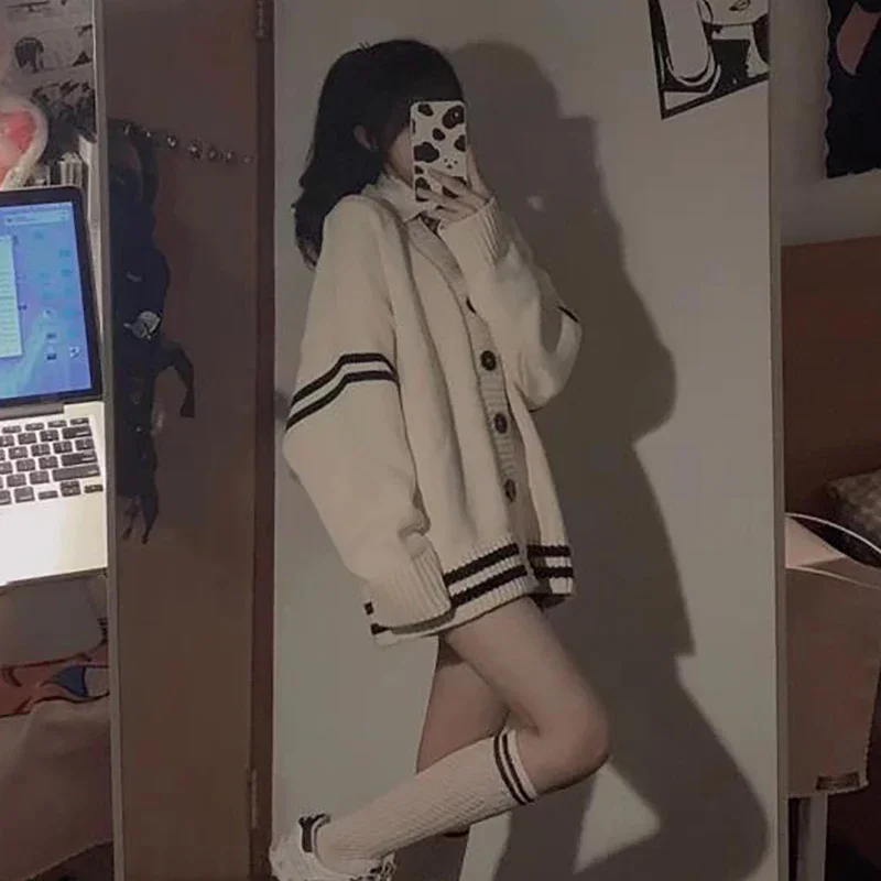 Striped Loose Cardigan Women Y2K Vintage Autumn Winter Single Breasted Sweater Streetwear Casual Korean Female Knitted Coat