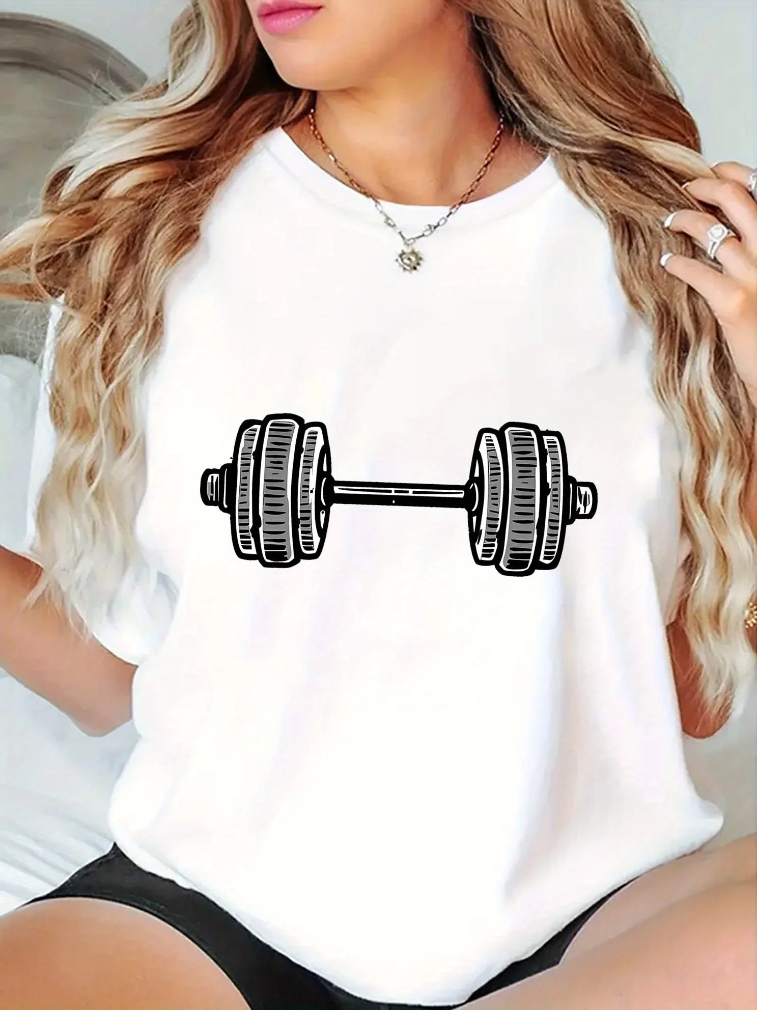 Lässiges Fitness-T-Shirt für Damen mit Hantel-Grafik, brauner Ärmel, Rundhalsausschnitt, bequemes Sommer-Top für Workout und Entspannung