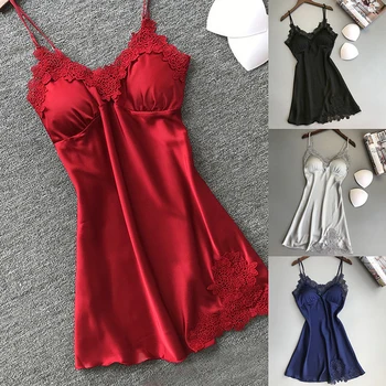 Ladies Sexy Silk Satin Night Dress Sleeveless Nighties V-neck Nightgown Nightdress Lace Sleepwear Nightwear For Women S-XL 1