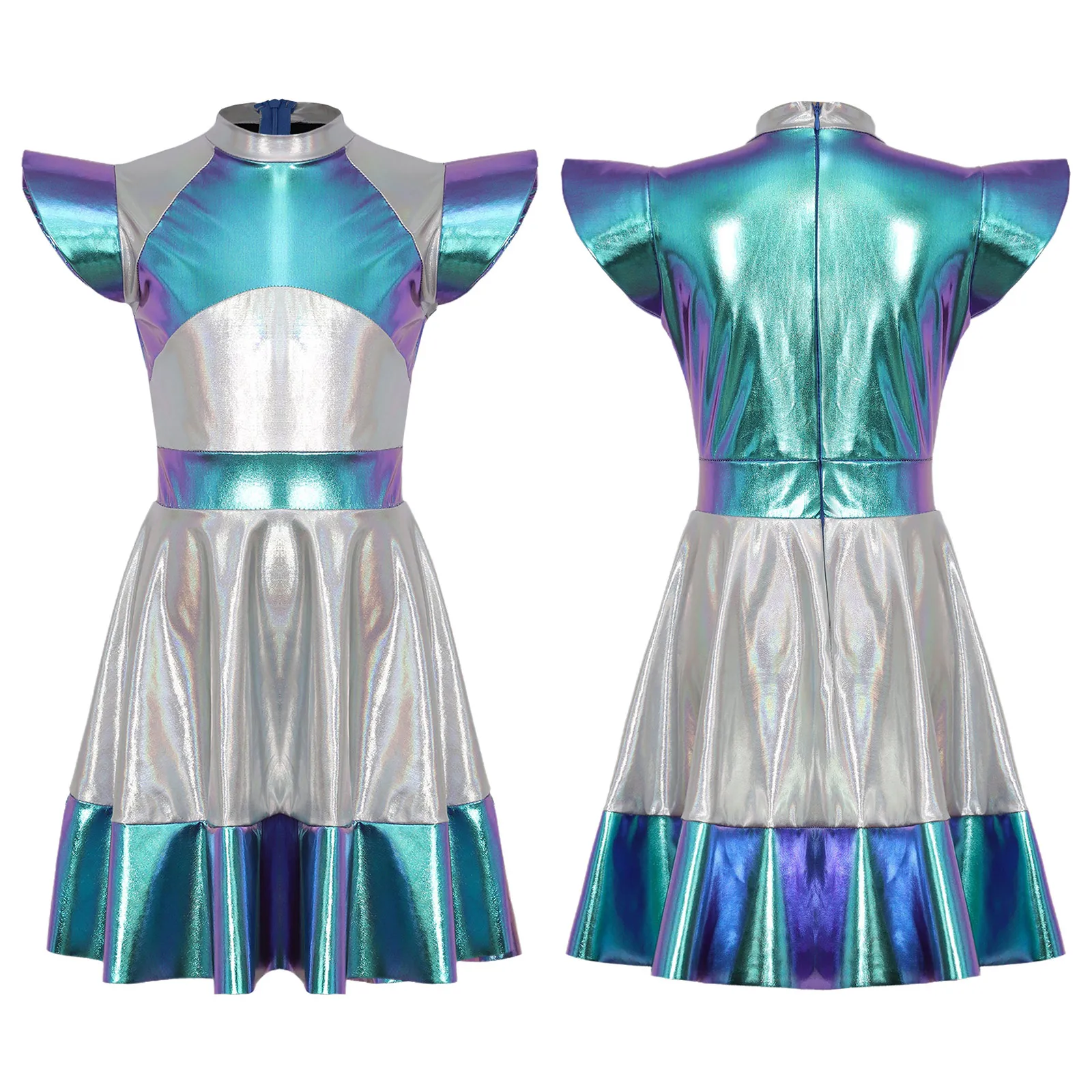 Kids Girls Alien Outer Space Role Play Dress Halloween Cosplay Cap Sleeve Color Block Dress Girls Dress Kids Clothes