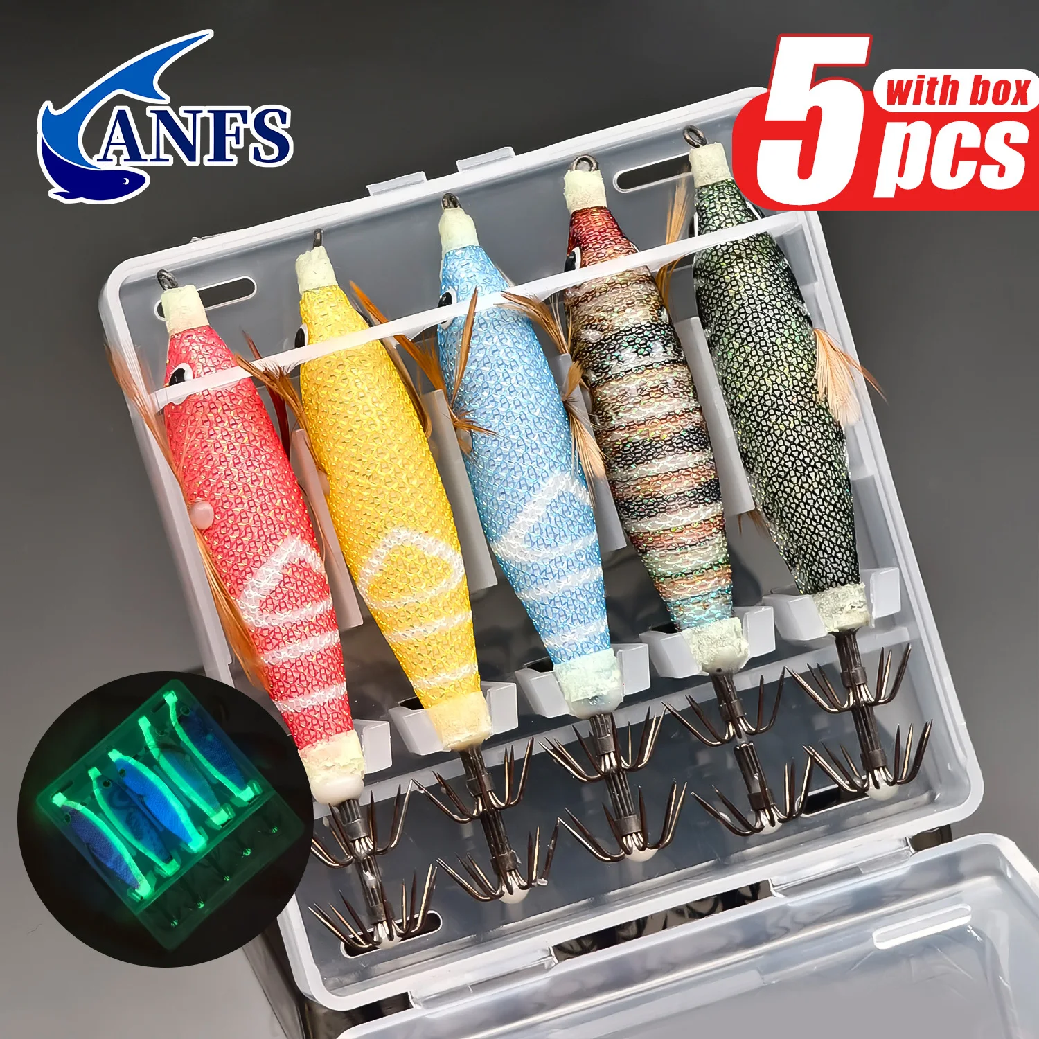 ANFS Horizontale Garnelenköder, Tintenfisch, Jig, Garnelen, Garnelenköder für Tintenfisch, Oktopus, Angeln, 5 Stück, mit Aufbewahrungsbox