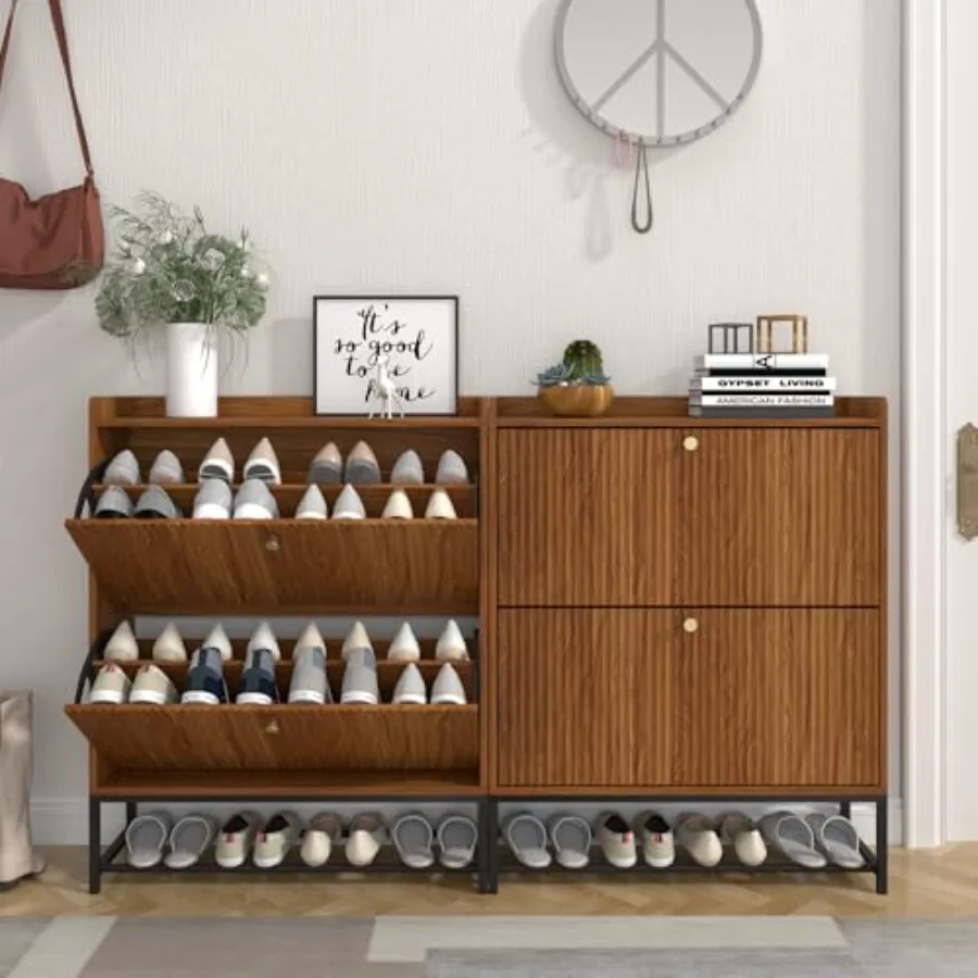 Fluted Shoe Cabinet for Entryway with 2 Flip Drawers Narrow Free Standing Shoe Storage Organizer Slim Wood Shoe Rack Cabinet wi