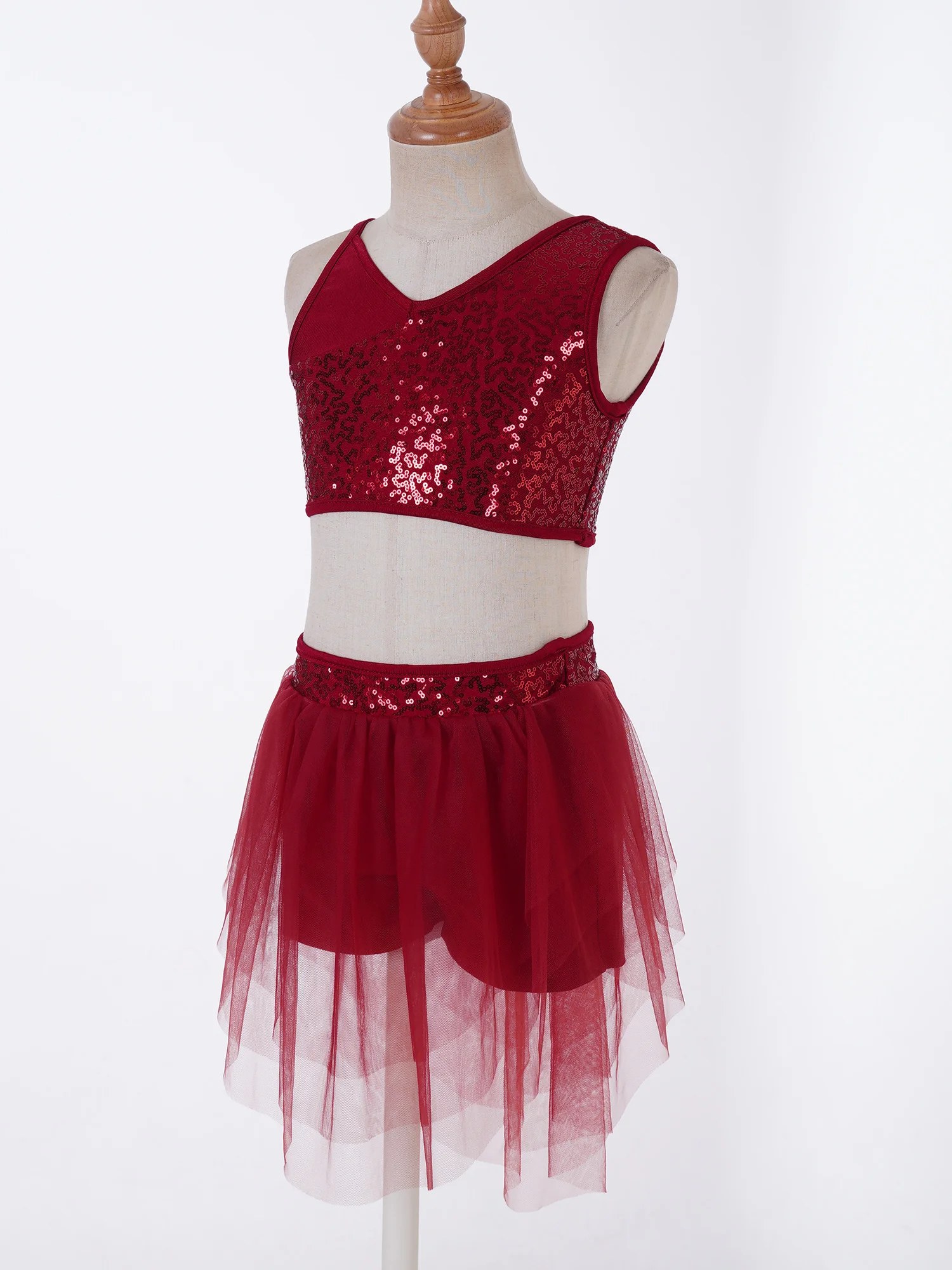 Kids Girls Shiny Dance Crop Top with Skirt Spaghetti V Neckline Sequins Stage Performance Ballet Dance Dress Dancewear