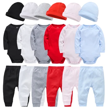 3 Pieces Set 100% Cotton Baby Rompers Pants Hat Blank Colors Kids Trousers Plain Newborn Clothing Muslin Bodysuit Clothes 1