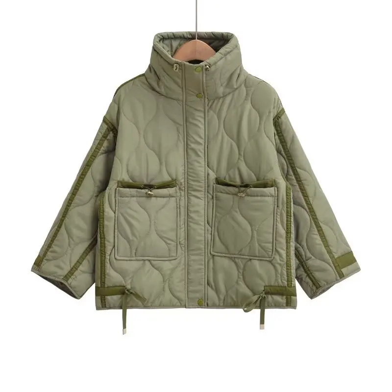 Vintage Stand-Collar Argyle Light Cotton Jacket , 2025 Korean Style Autumn Winter Women's Loose Long-Sleeve Casual Cotton Jacket