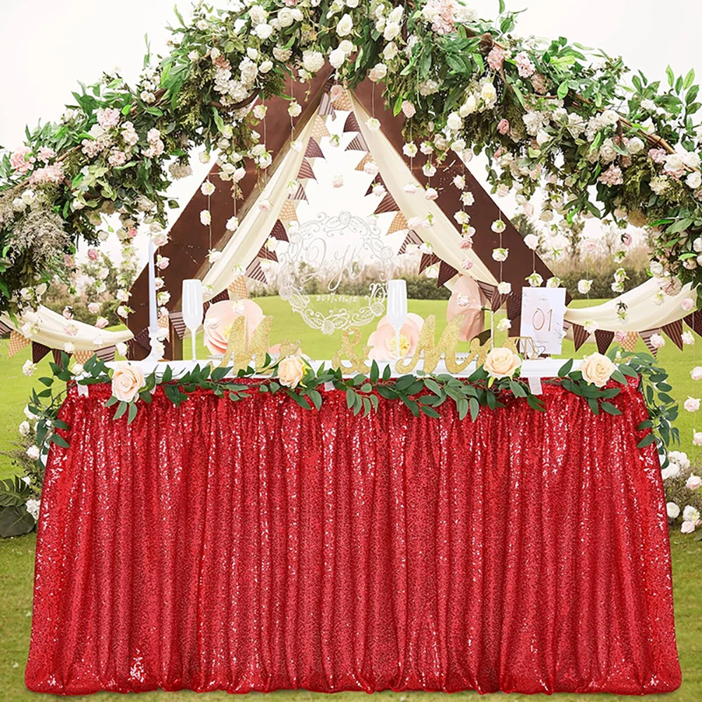 Description Picture 2 of item14ft Table Skirt Red Sequins Rectangle Square Round Glitter Tablecloth for Wedding Party Dinner Baby Shower Christmas Decoration