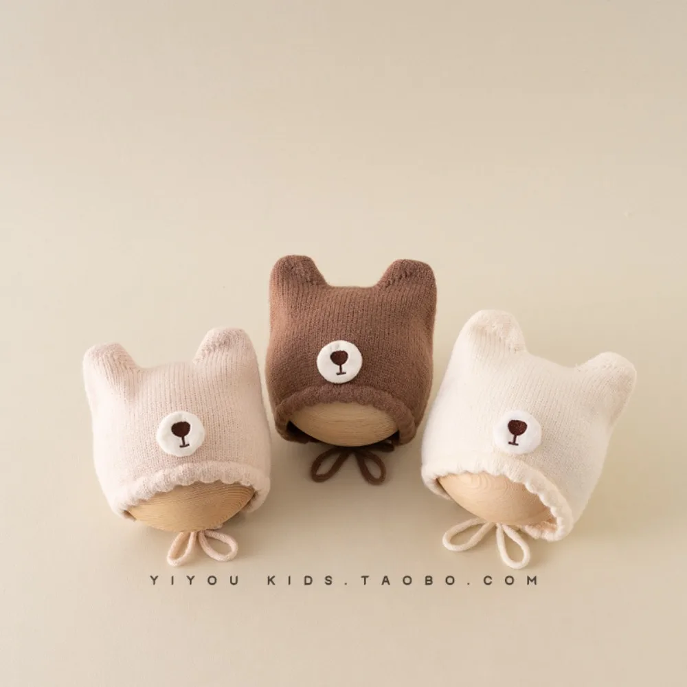 

Breathable Cartoon Bear Baby Knit Hat Wool Windproof Cute Solid Color Ear Protection Cap Warm Soft and Skin Friendly