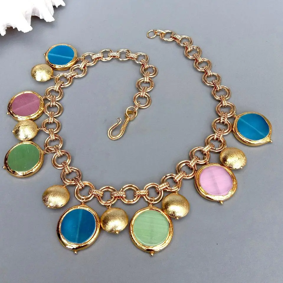 YYGEM Cat Eye Coin Shape Brushed Bead Necklace Multi Color Gemstone Necklace For Party