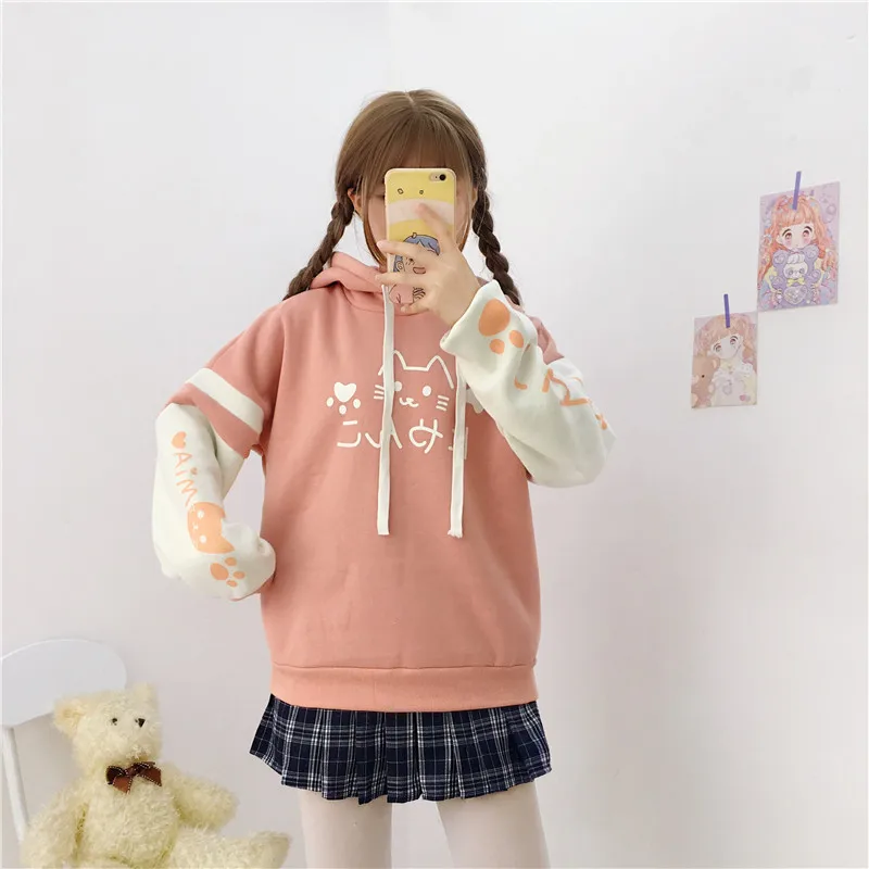 

Japanese Sen Women's Cute Hooded Sweater With Cat Print Color Block Velvet Insulation Long Sleeve Spliced Top Pullover Sweater