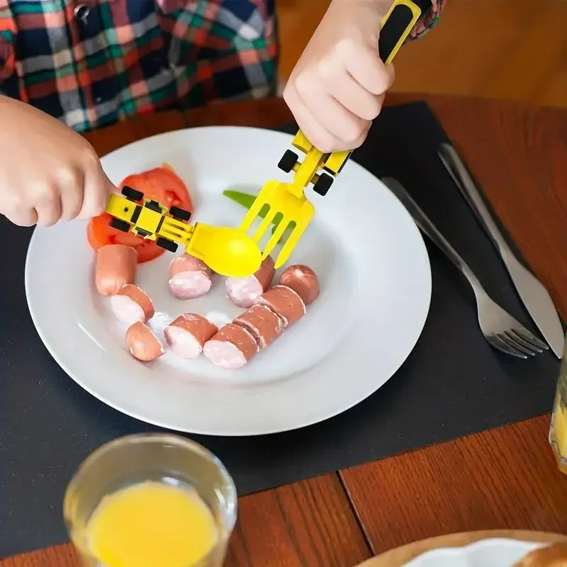 Car Bulldozer Excavator Shovel Plate Knife Fork Spoon Safe And Practical Tableware Set Children Kids Spoon Fork Dinnerware Set images - 6