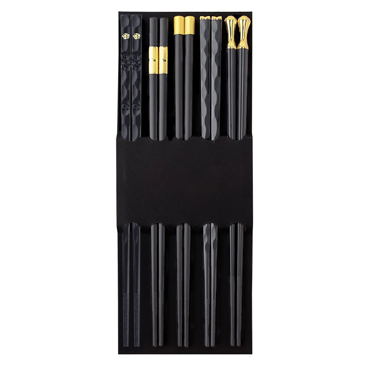 Non Slip Chopsticks 5 Pairs Black Gold Alloy Korean Food Sushi Sticks Reusable