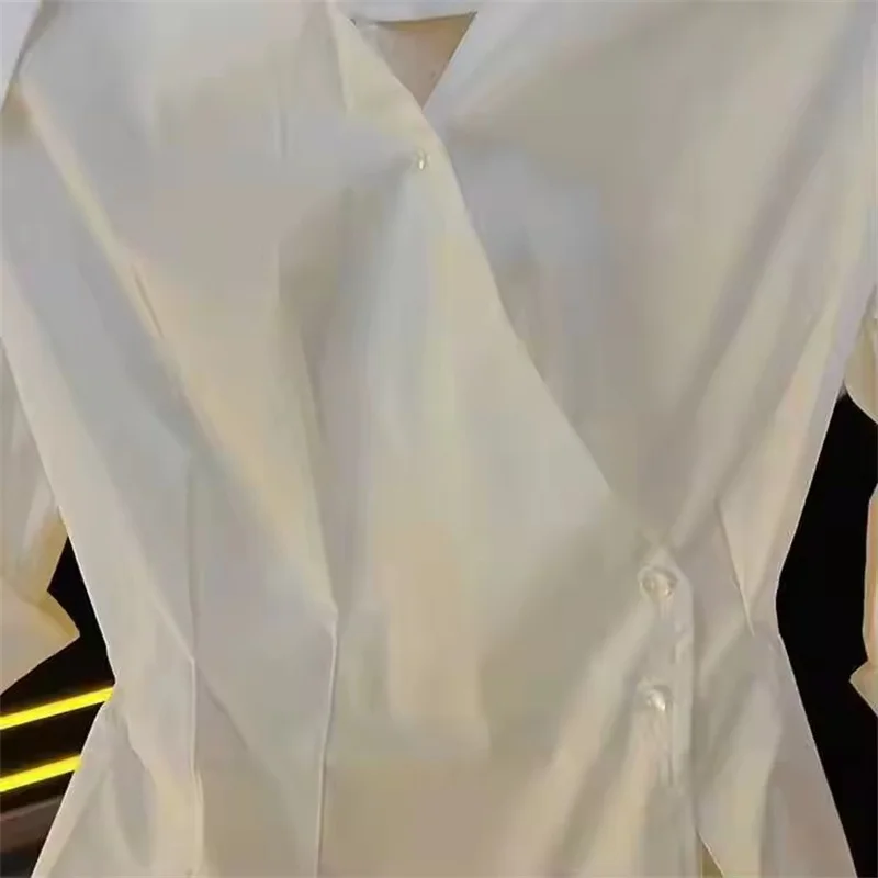 Elegant Short Sleeve V-Neck Shirt Women's Slim Blouse 2025 New Korean Commute High Waist Side Buckle Tops Female 4