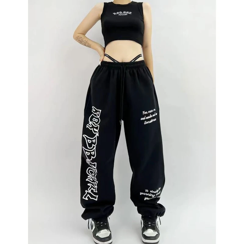 European American Style Sweatpants Women Street Dance Personality Y2K Pants Letter Print Drawstring Design Woman Trousers
