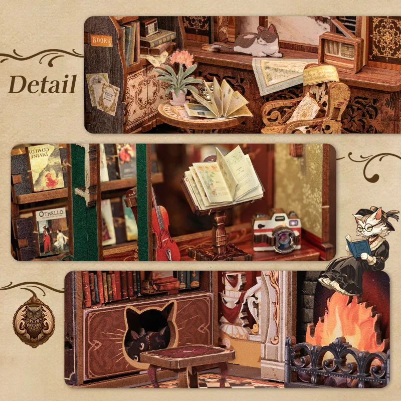 CUTEBEE DIY Book Nook Kit Miniature Dollhouse with Light Wooden Bookshelf Insert Retro Booknook Decor for Gifts Bookshop Series 6
