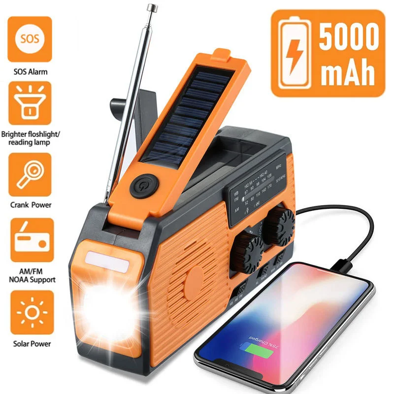 

5000mAh Multifunctional Radio Hand Crank Solar USB Charging FM AM WB NOAA Weather Radio Emergency LED Flashlight Torch Power Ban