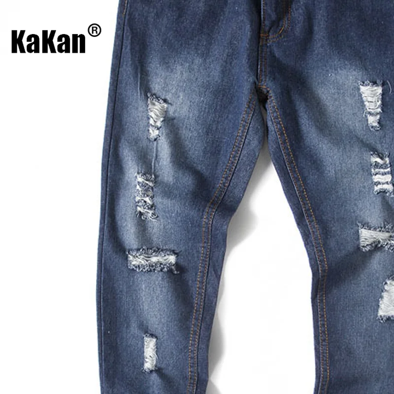 Kakan - New Vintage Distressed Deep Blue Jeans From Europe and America, Men's Wear, Distressed Washed Casual Jeans K35-F112