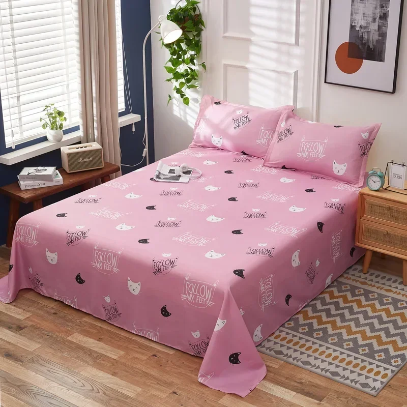 Cartoon Cat Bed Sheet Set for Kids Girls Cute Pet Kitten Print Pink Flat Sheet Kawaii Top Sheets with Pillowcases Bedroom Decor 2