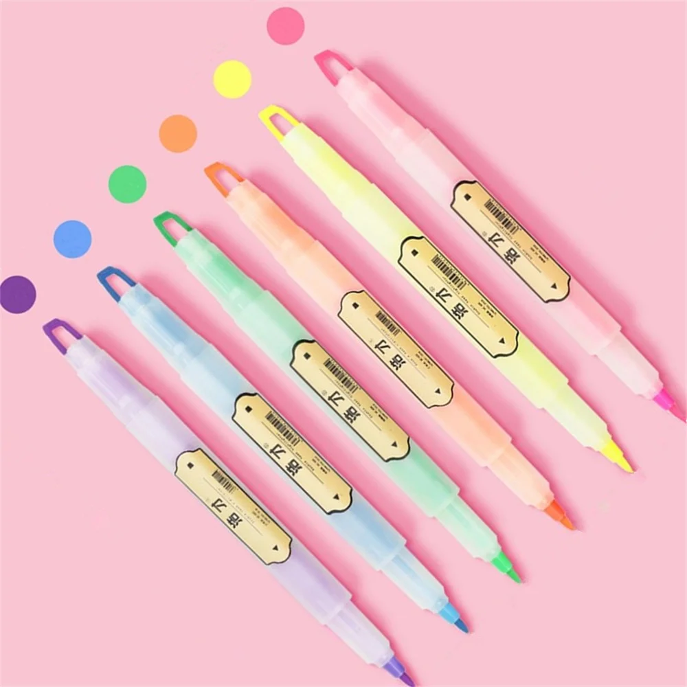 6pcs Set Dual Tip Highlighter Pen Marker Artist Student Paint Drawing Writing Tool Office School Supply Novelty Stationery Gift