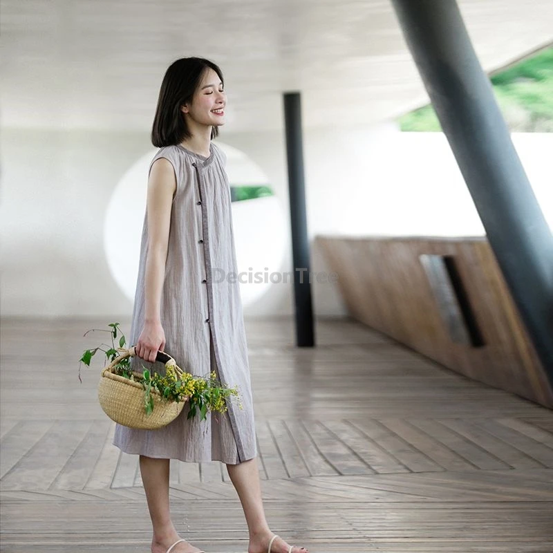 loose leisure sleeveless cotton linen robe chinese style literature art zen robe simple vintage trendy daily women dress