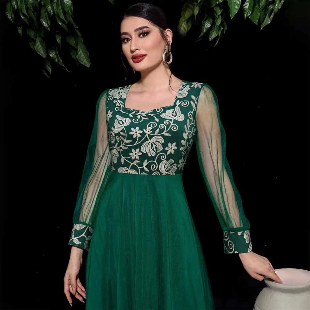 Kaftan Robe Dress Arabic Fashion Embroidered Mesh Sleeves Abaya A-line Dress Green Office Lady Dress Abaya Women Clothing