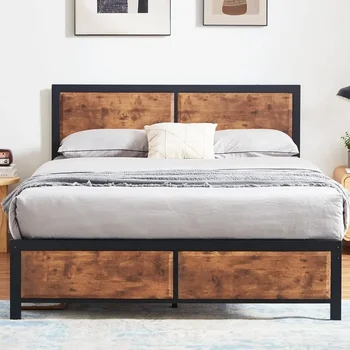 Full Size Platform Bed Frame with Black Wood Headboard, Mattress Foundation, Strong Metal Slats Support
