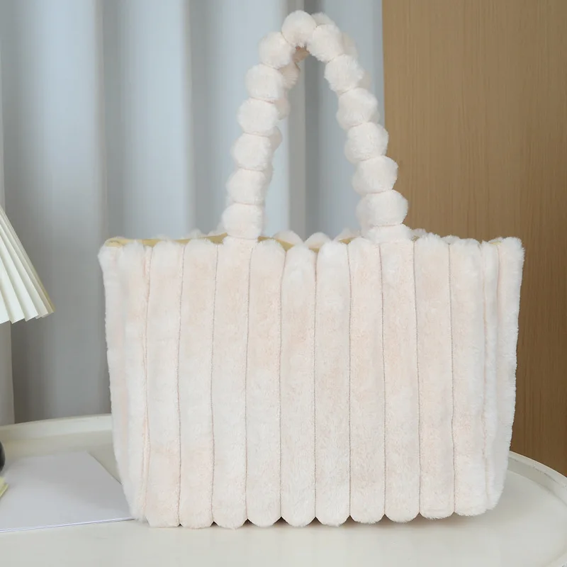Autumn Winter Soft Plush Totes Bags, Stylish College Student Women Handbag Shoulder Bag with Leather Material Polyester Lining