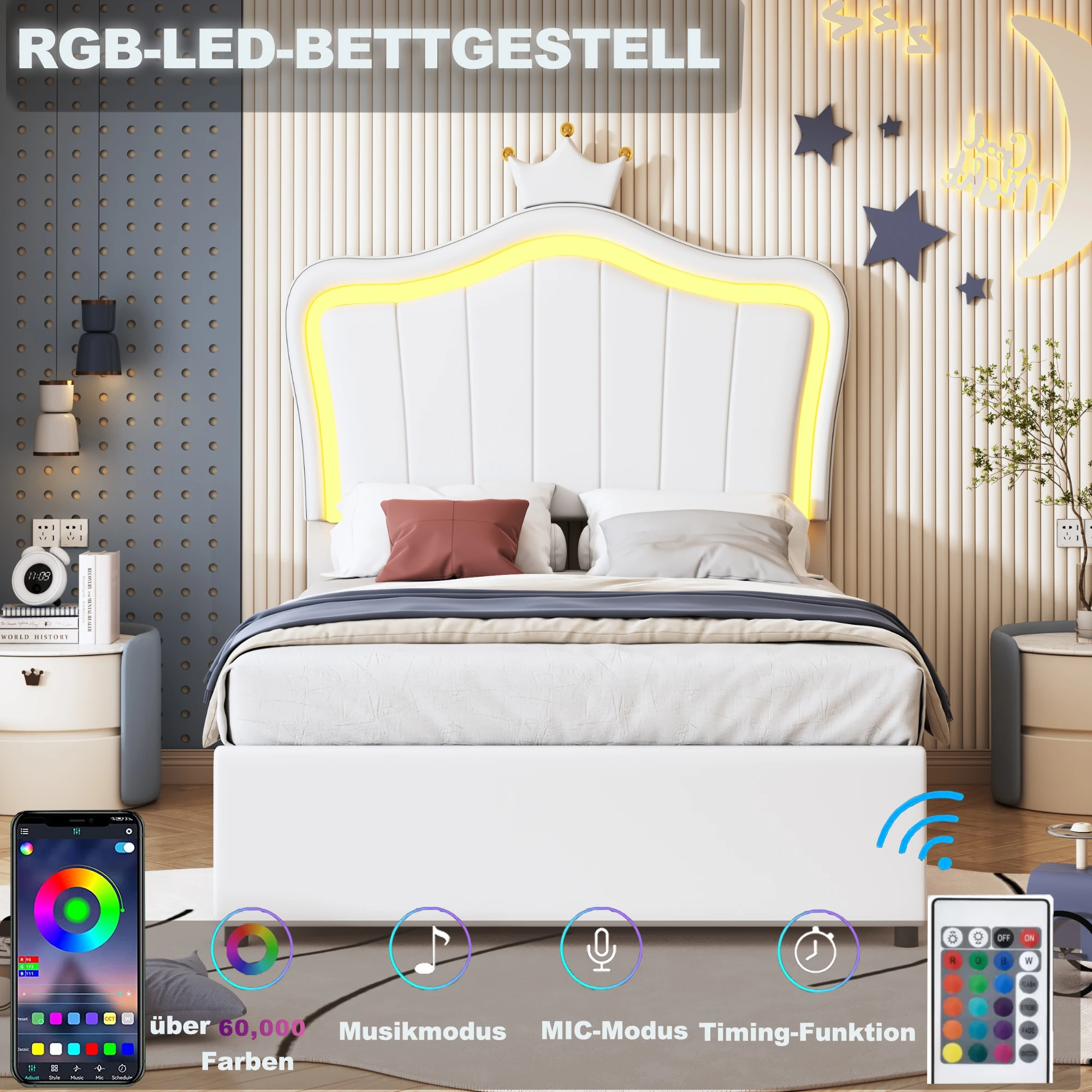 KOMHTOM Kunstleder Polsterbett 90x200 cm mit Kronendesign LED Beleuchtung hydraulischem Stauraum höhenverstellbarem Kopfteil – Detail 4