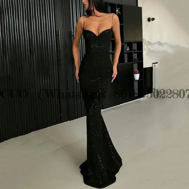 

Sexy Shinny Black Sequins Mermaid Evening Dresses Spaghetti Straps Sweetheart Backless Formal Prom Gown robes de soirée