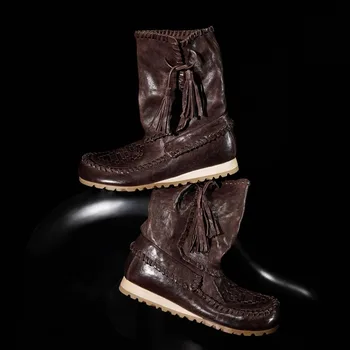 Fashion Genuine Leather Thick Sole Woven Retro Ethnic Style Mid Calf Horseskin Tassel Western Boots Women Shoes Hiking Boots