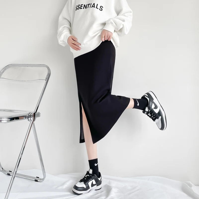 1105# Autumn Winter Cotton Knitted Maternity Skirts Side Splits Stretch Bottoms Clothes for Pregnant Women Slim Pregnancy Pencil
