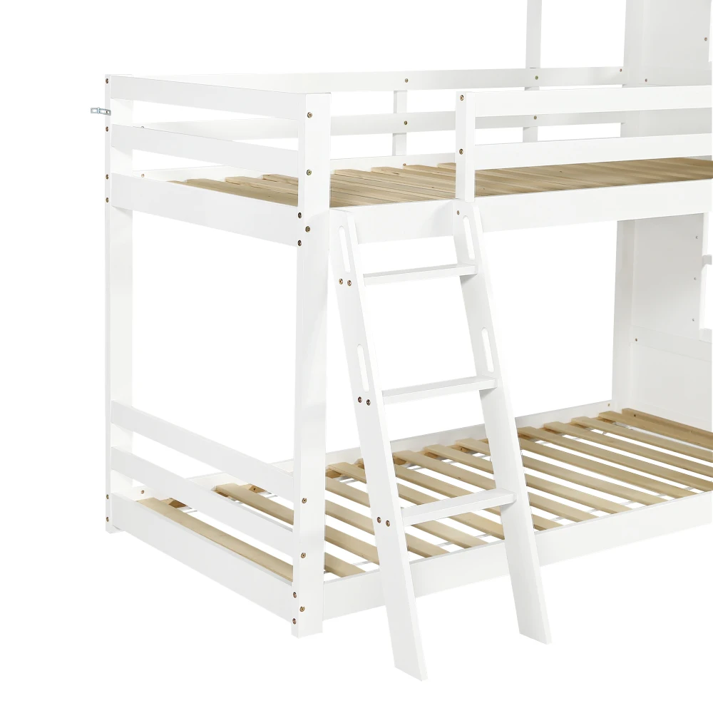 Weißes Etagenbett 90 x 200 cm – Kiefer + MDF + PB + Sperrholz, 3-stufige Leiter- und Lattenrost, mit verspielter Dach, Fenster, sichere Schlafzimmermöbel – Detail 29