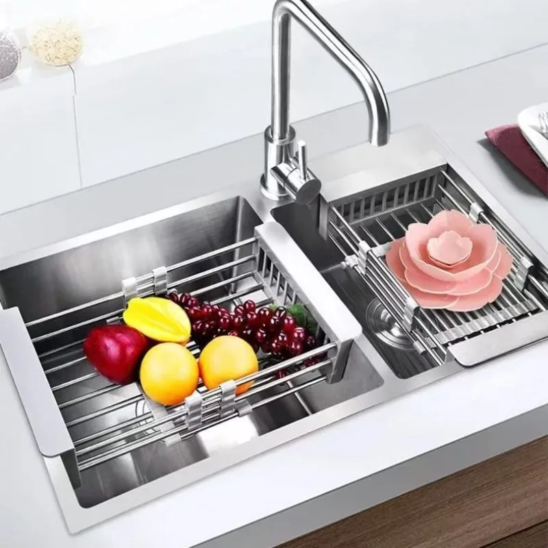 Home Kitchen Retractable Stainless Steel Drain Basket Kitchen Cutting Board Tray Sink Countertop Drain Basket Dish Drying Rack