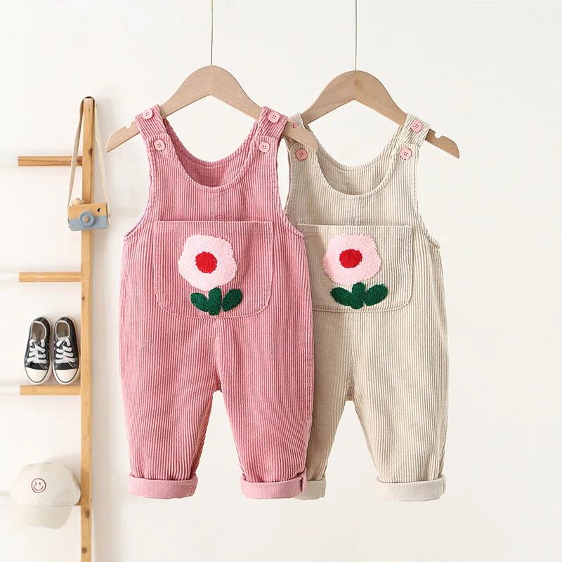 Corduroy Girls Overalls Floral Embroidery Jumpsuits