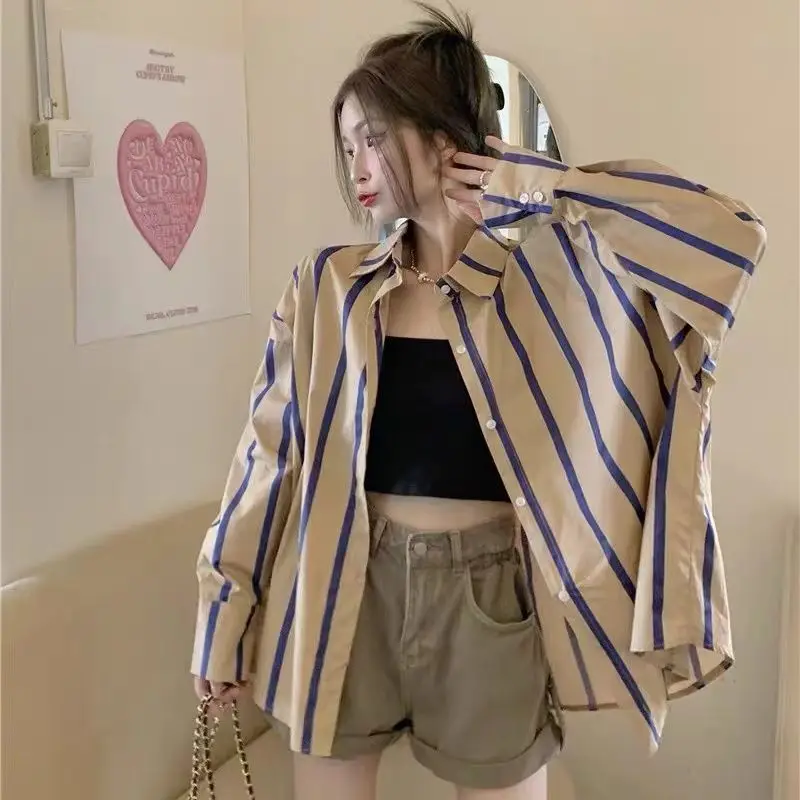 Fashion Youth Women Clothing Striped Sunscreen Shirt Coat Spring Summer Korean Oversized Chic Pretty Long Sleeve Casual Blouse