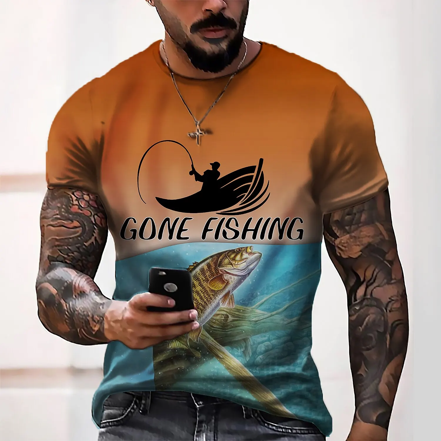 

Retro T-Shirts For Men Fishing Print Men's Clothing Street Designer Short Sleeved Loose Oversized T-Shirt Daily Casual Tops Tees