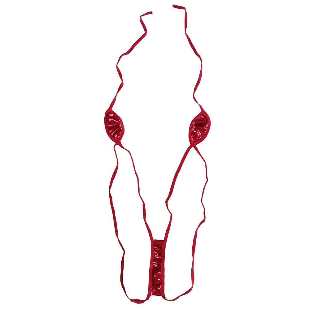 

Women Underwear PU Patent Leather Swimsuit Thong Bikini Side Tie Thong Bra Set Micromini Women Lingerie Open Crotch G Strings