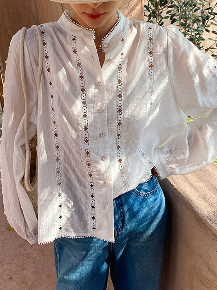 

GypsyLady France Elegant Chic Shirt Blouse Casual Loose Long Sleeve Hollow Out Sexy Boho Ladies Vocation Women Holiday Tops New