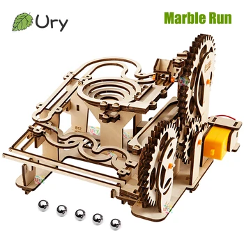 Ury 3D Wooden Puzzles Electric Catapult Track Device Marble Run Set Mechanical Model Science Maze 5 Balls Assembly Gift for Kids 1