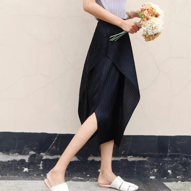 Women Irregular Pleated Skirts Solid Color Spring Summer Female Casual A- Line Midi Skirts Lady High Waist Side Split Skirts