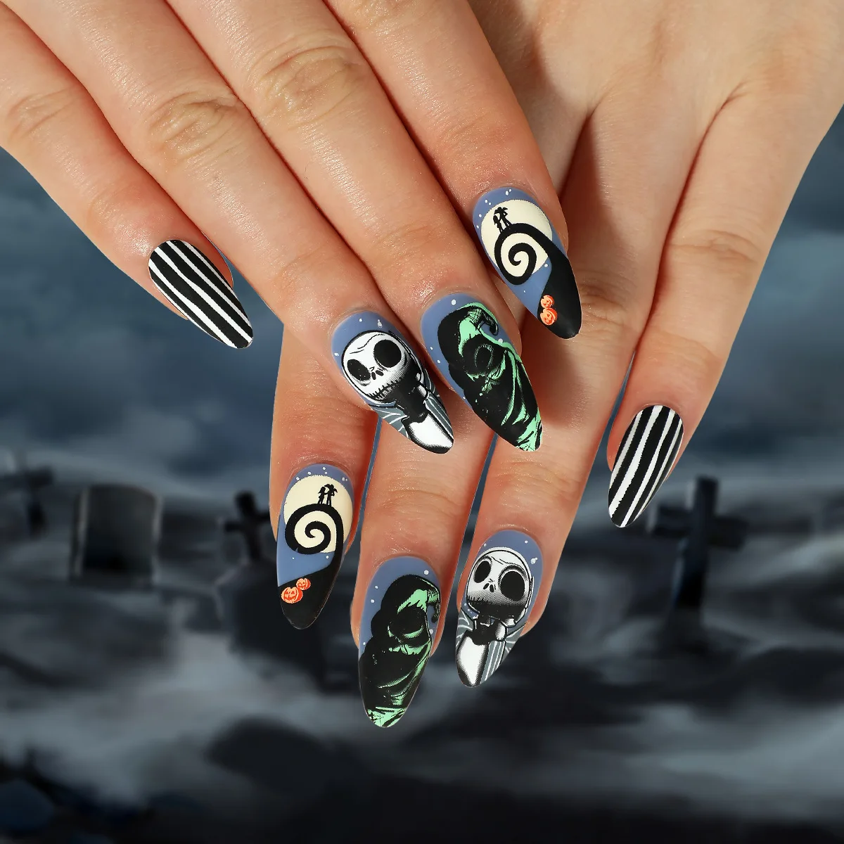 

24Pcs Halloween Press on Nails French Fake Nails Scary Skull Ghost Pumpkin Stripes Full Cover Black Matte Gothic Nail