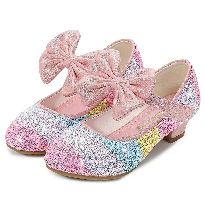 Girls' Leather Shoes Princess Rainbow Stripes Children Shoes Round-Toe Soft-Sole Big Girls High Heel Princess Crystal