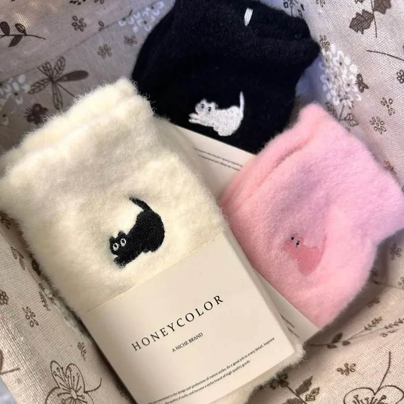 Autumn Winter Women Mink Velvet Socks Cute Cat Pink Plush Middle Tube Socks Harajuku Soft Fluffy Comfortable Home Sleeping Sock