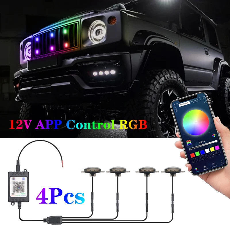 

4PCS Front Grille LED Signal Light 12V APP Control RGB Mini Flashing Emergency lamp For Jeep Pickup Off-Road External Grill Lamp