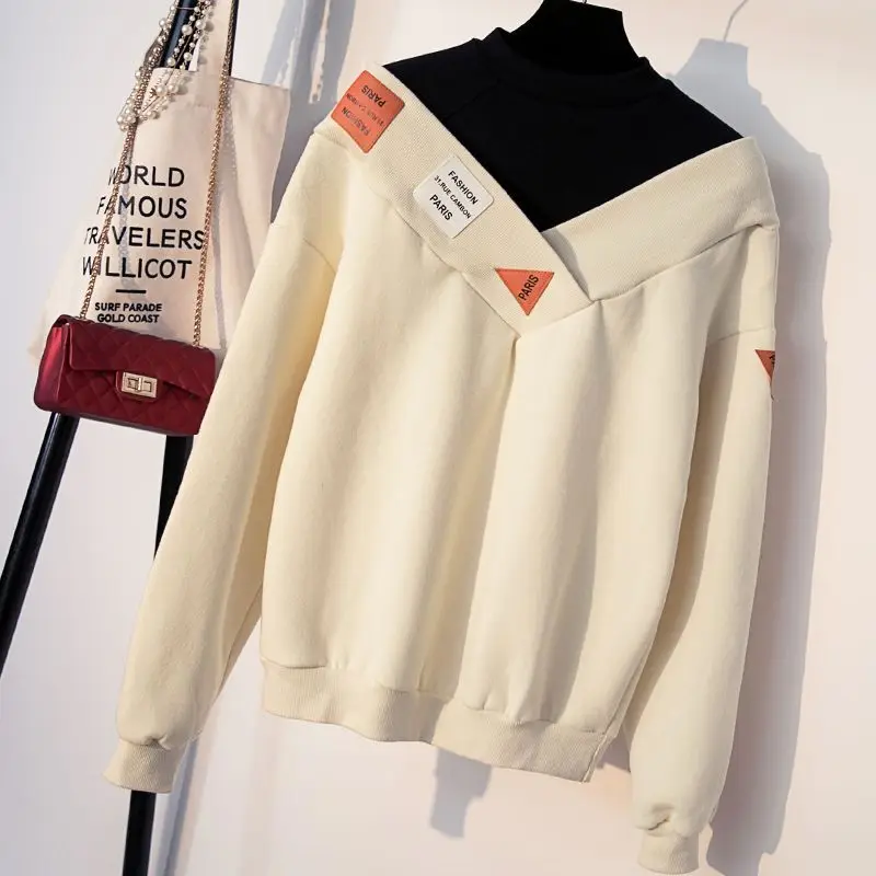 Fashion Casual Fake Two Pieces Contrast Color Pullovers Autumn Women's Korean Turtleneck Spliced Sweatshirts Female Clothing