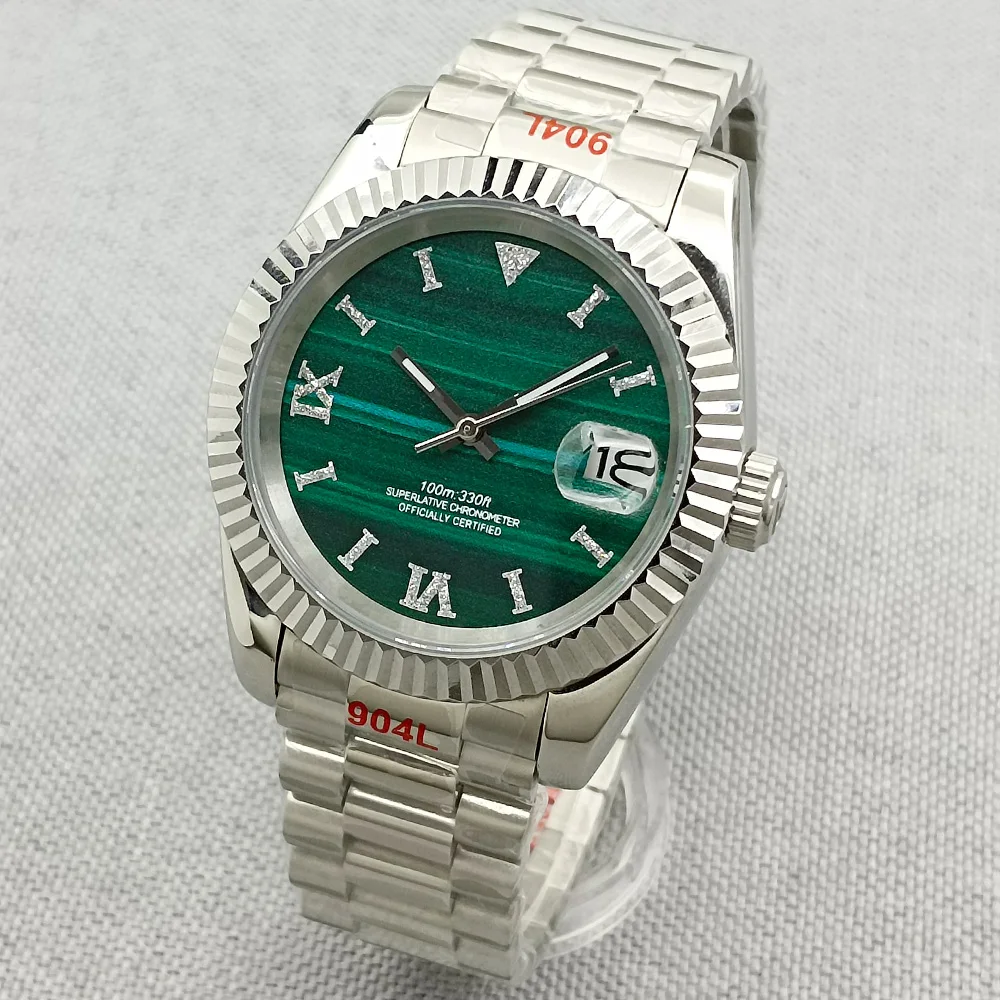 

DEBERT 36mm/39mm NH35 Automatic Oyster Fluted Bezel Roman Hours Marks Date Glide Malachite Green Dial Men Watch